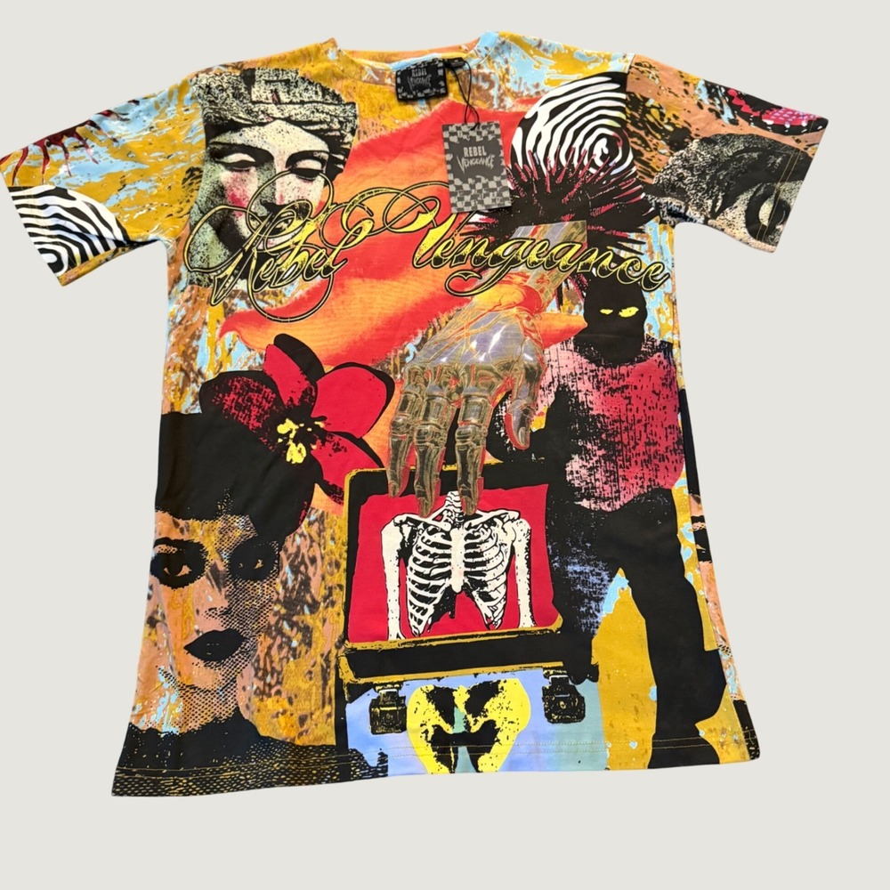 Rebel Vengeance Graphic Tee Size M Streetwear Collage Print T-Shirt Multicolor